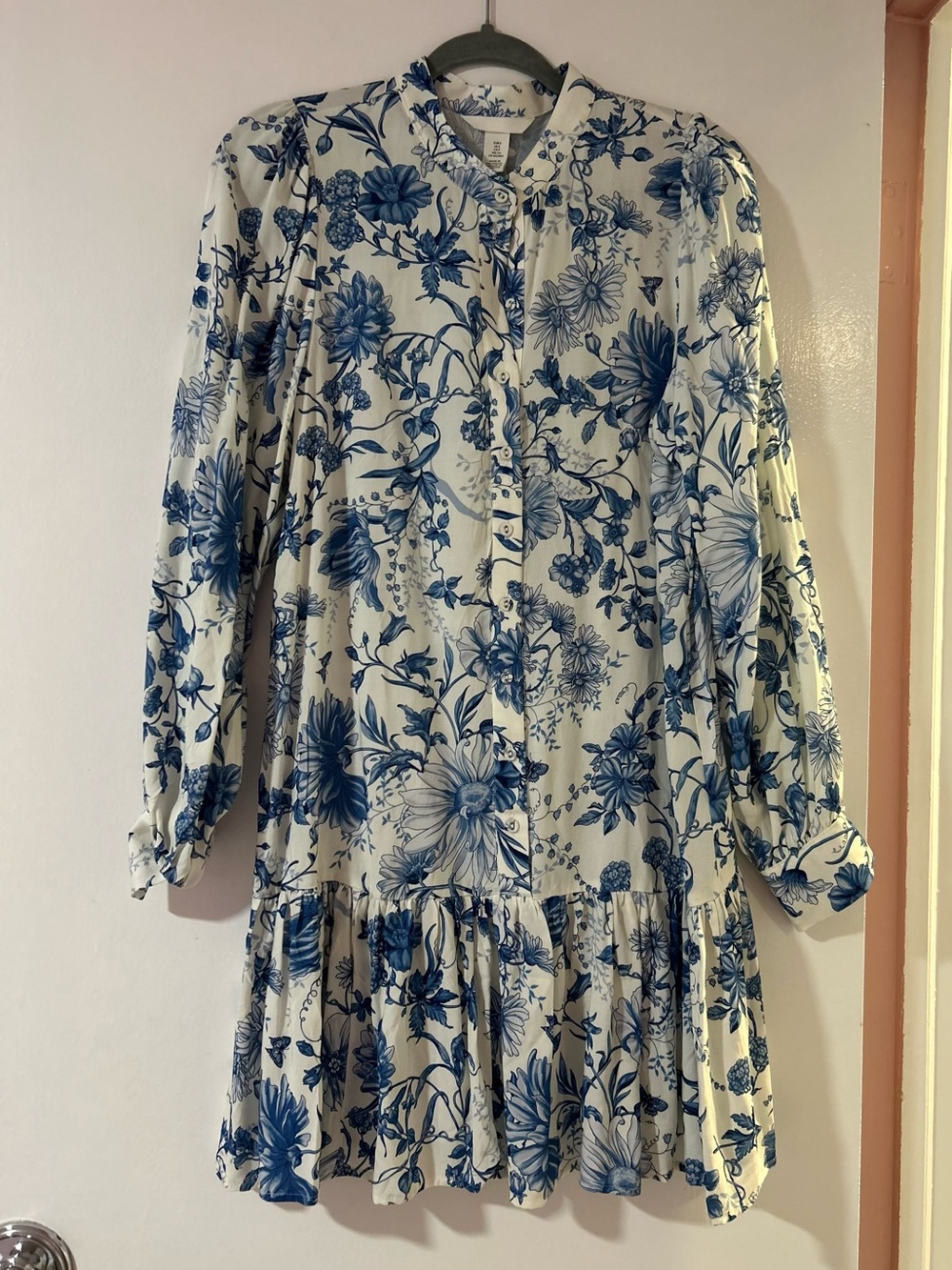 H&M White Dress with Blue Floral Print - Long Sleeve Tiered